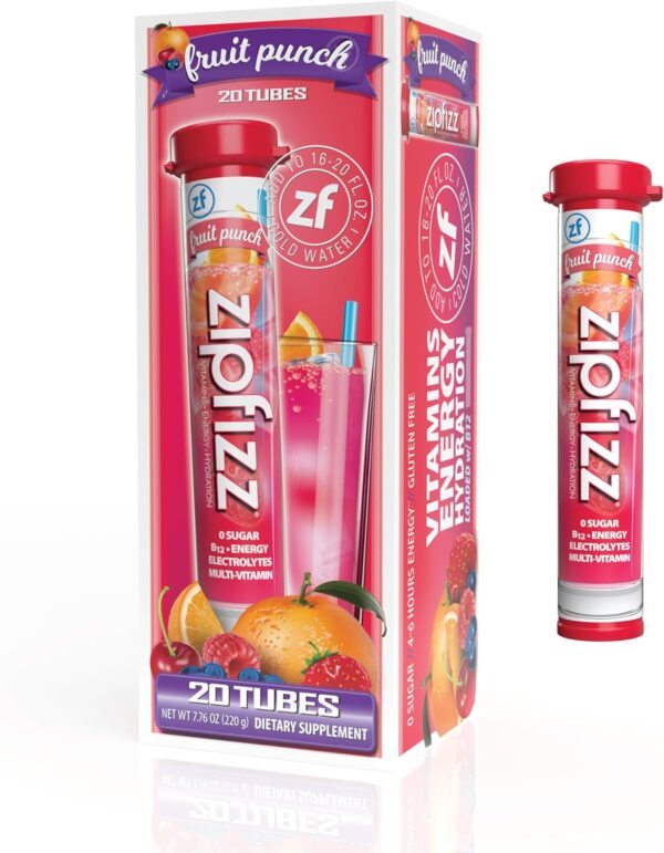 Zipfizz Energy Drink Mix, Electrolyte Hydration Powder with B12, Antioxidants, Electrolytes and Multi Vitamin, Fruit Punch (20 Count)