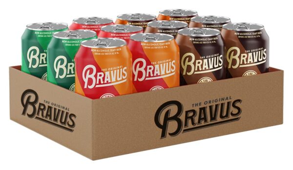 Bravus Non-Alcoholic Variety Sampler 12 Pack x 12 Fl Oz Cans - Low-Calorie, Gluten-Reduced, Vegan NA Craft Brew, 2 IPA, 2 Oatmeal Dark, 2 Raspberry Goose, 2 Peanut Butter Dark, 4 Blood Orange IPA
