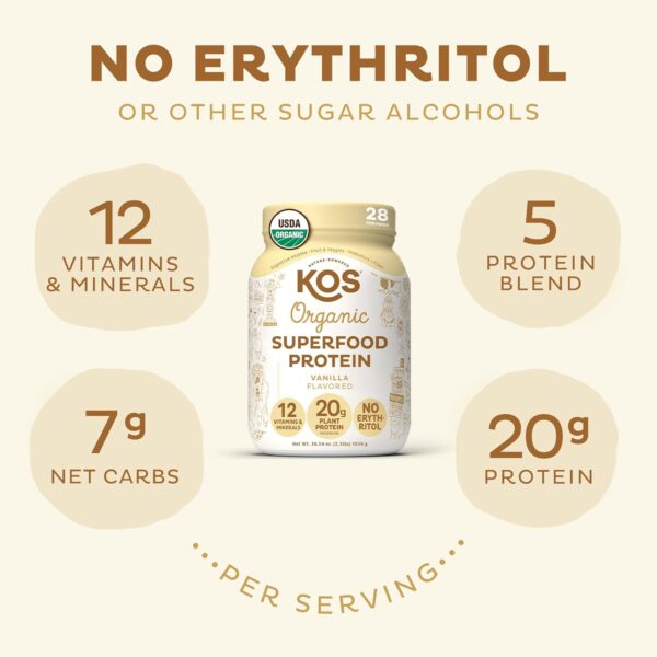 KOS Vegan Protein Powder Erythritol Free, Vanilla USDA Organic - Pea Protein Blend, Plant Based Superfood Rich in Vitamins & Minerals - Keto, Dairy Free - Meal Replacement for Women & Men, 28 Servings - Image 3