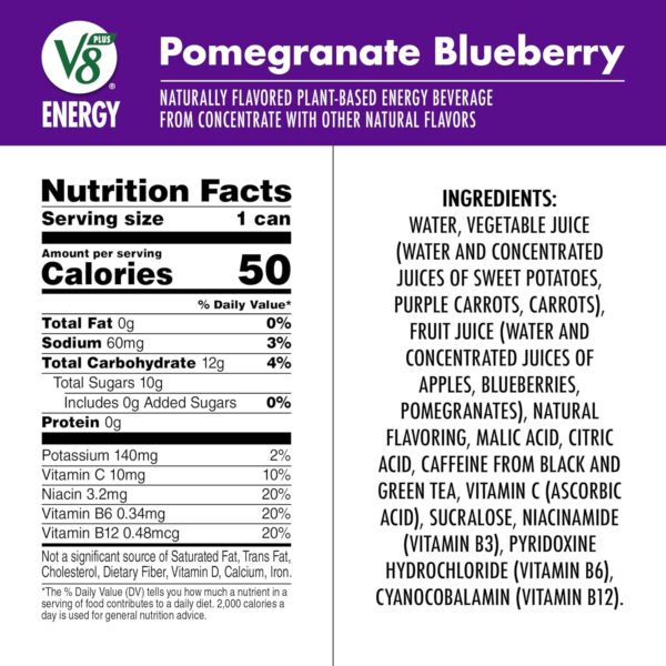 V8 +ENERGY Pomegranate Blueberry Energy Drink, Made With Real Vegetable And Fruit Juices, 8 Fl.Ounce Can (Case of 24) - Image 5