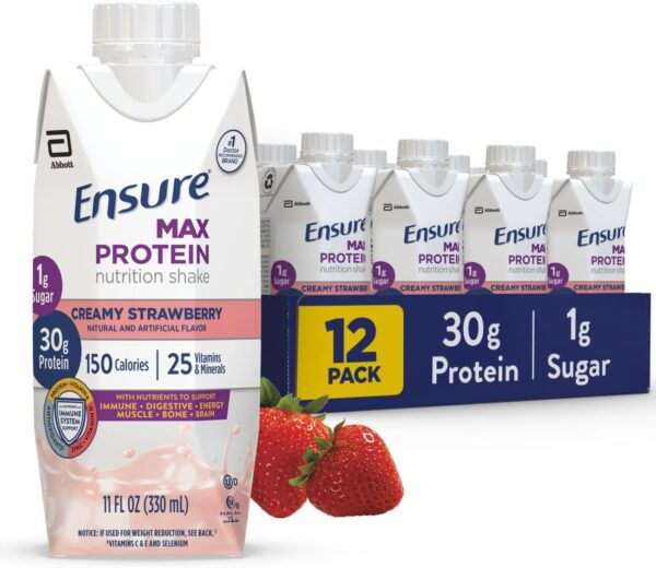 Ensure Max Protein Creamy Strawberry Nutrition Shake | 30g Protein, 1g Sugar, 4g Comfort Fiber Blend | 12 Pack