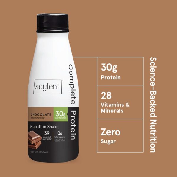 Soylent Complete Protein Shake, Chocolate, 30g Protein, Vegan, Dairy Free and 0g Sugar, Ready to Drink Protein Drinks, 11oz (12 Pack) - Image 6