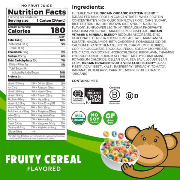 Orgain Organic Kids Nutritional Protein Shake, Fruity Cereal, Healthy Kids Snacks 8g Dairy Protein, 4g Fiber, 22 Vitamins & Minerals, No Soy ingredients, Gluten Free, Non-GMO, 8.25 Fl Oz (Pack of 12) - Image 6