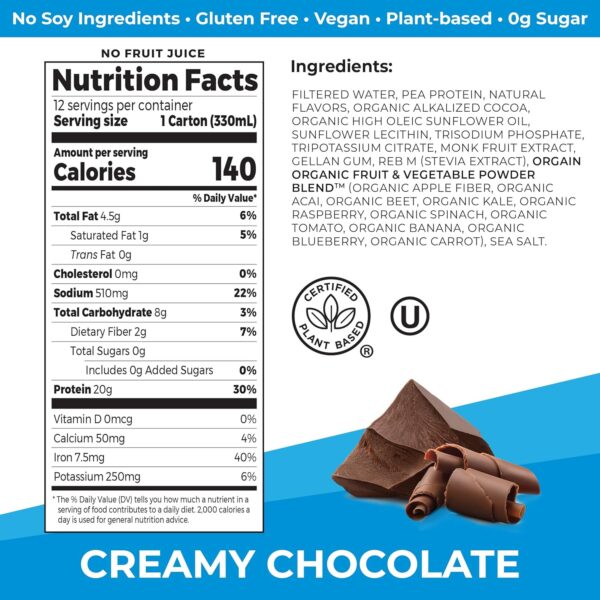 Orgain Organic Vegan Protein Shake, Creamy Chocolate - 20g Plant Based Protein, Ready to Drink, Fruits & Vegetables, Gluten Free, Kosher, No Soy or Dairy Ingredients, 11 Fl Oz (Pack of 12) - Image 3
