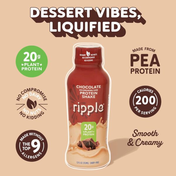 Ripple Vegan Protein Shake | Chocolate | 20g Nutritious Plant Based Pea Protein | Shelf Stable | No GMOs, Soy, Nut, Gluten, Lactose | 12 Oz, 12 Pack - Image 3