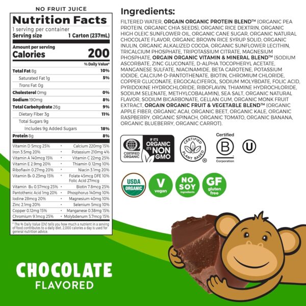 Orgain Organic Kids Nutritional Vegan Protein Shake, Chocolate - Healthy Kids Snacks, 8g Plant Protein, 23 Vitamins & Minerals, 3g Fiber, No Dairy & Soy Ingredients, Non-GMO, 8 Fl Oz (Pack of 12) - Image 3