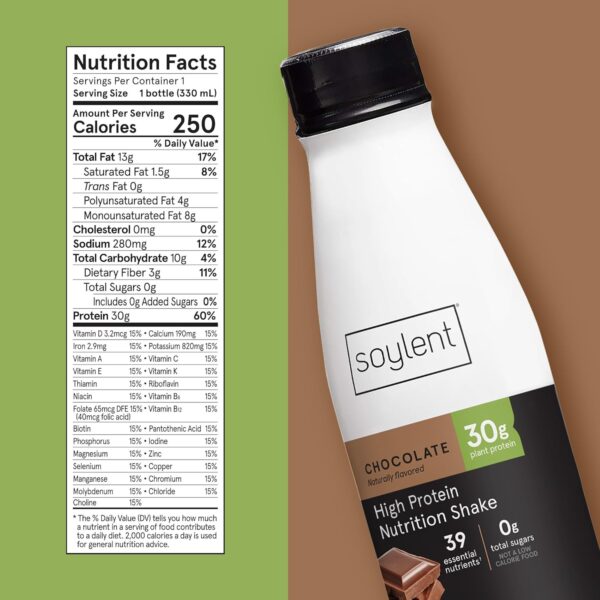 Soylent Complete Protein Shake, Chocolate, 30g Protein, Vegan, Dairy Free and 0g Sugar, Ready to Drink Protein Drinks, 11oz (12 Pack) - Image 2