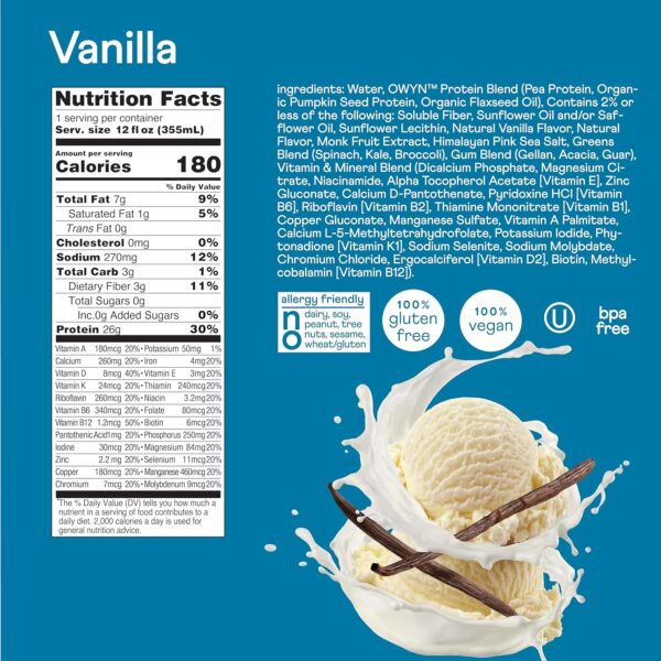 OWYN Only What You Need Protein Shake, High Protein Complete Nutrition Drink, Vanilla, 12 Fl Oz (12 Pack) - Image 2