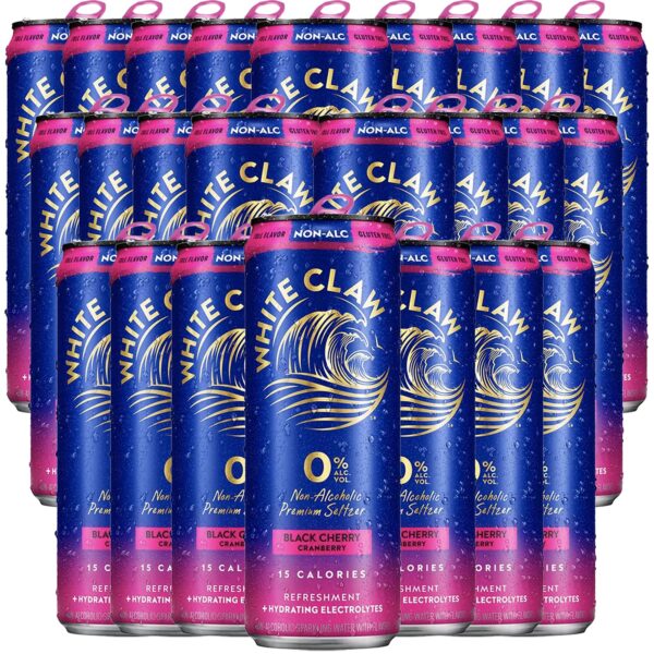 White Claw 24 Pack 0% Alcohol Black Cherry Cranberry Non-Alcoholic Premium Non-Hard Seltzer | 15 Calories, Gluten Free, Hydrating Electrolytes