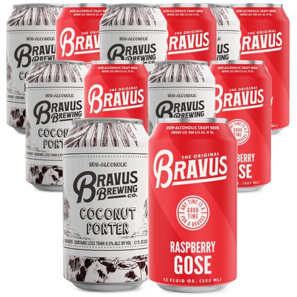 Bravus Non-Alcoholic Brew Limited Edition Mixed Sampler 12 Pack - Raspberry Gose, Coconut Porter - 12oz Beer Cans