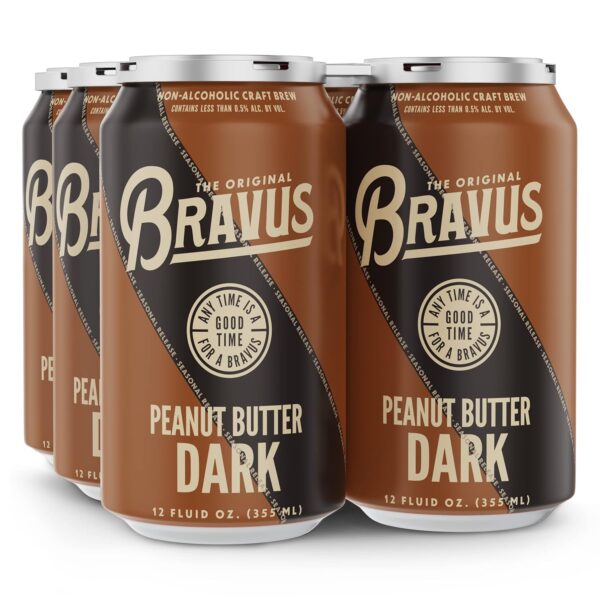 Bravus Non-Alcoholic Peanut Butter Dark Stout Style - 6 Pack x 12 Fl Oz Cans - Low-Calorie, Gluten-Reduced, Vegan NA Craft Brew