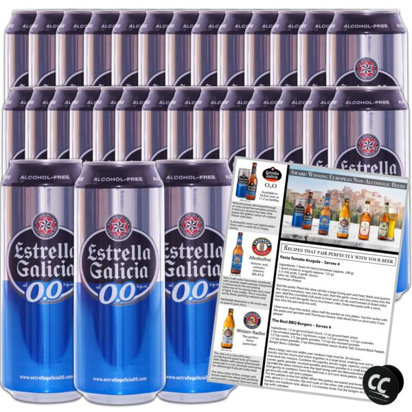 Estrella Galicia 0,0 Non-Alcoholic Beer 30 Pack, Made in Spain, 11.2oz/cans, includes Phone/Tablet Holder & Beer/Pairing Recipes