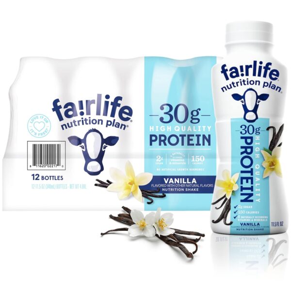 Fairlife Nutrition Protein Shakes - Pack of 12 | 30g Protein, Low Sugar, Lactose-Free | Delicious Vanilla, Chocolate, Salted Caramel, and Strawberry Flavors 11.5 fl., oz. (In KozyHome Packaging) (Vanilla)