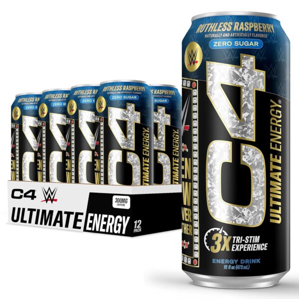 C4 Ultimate x WWE | Pre Workout Sugar Free Energy Drink | Tri-Stim Experience with 300mg Caffeine + TeaCrine + Dynamine | Ruthless Raspberry | 16oz (Pack of 12)