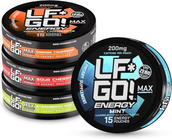Energy Pouches | Caffeine Pouches | Flavor Multi-Pack | Sour Cherry | Mint | Orange Tangerine | Strawberry Kiwi | 200 mg Natural Caffeine | 15 Pouches Per Can | 4 Cans