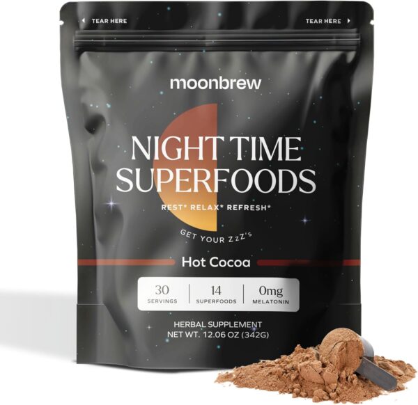 MoonBrew Magnesium Hot Cocoa: Natural Melatonin-Free Sleep Aid | 14 Superfoods with Magnesium Glycinate & Adaptogens | Keto & Vegan | Enjoy Hot or Cold - 30 Servings
