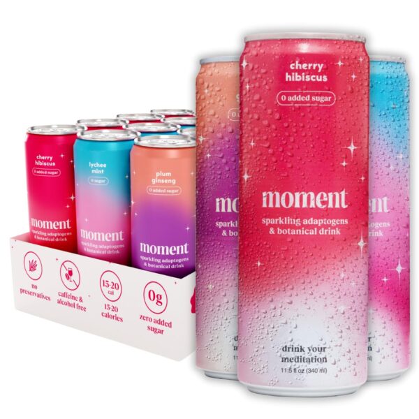 Moment Adaptogen Drink (Shark Tank) - SPARKLING Combo | Cherry Hibiscus, Lychee Mint, Plum Ginseng | L-Theanine & Ashwagandha for Calm & Clarity | 0 Added Sugar, 0 Caffeine, 0 Alcohol | 12-pack