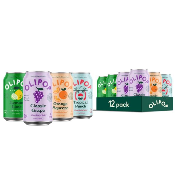 OLIPOP Prebiotic Soda Pop, Fruity Fun Variety Pack, A New Kind of Soda Packed with Prebiotics, Fiber, and Botanicals, Gluten Free, Vegan, GMO Free, 12oz (12-Cans)