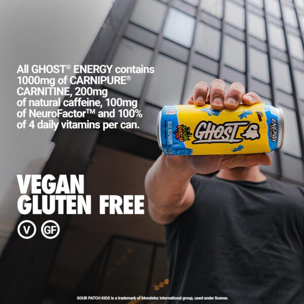 GHOST Energy Drink - 12-Pack, Sour Patch Kids Blue Raspberry, 16oz - Energy & Focus & No Artificial Colors - 200mg Natural Caffeine, L-Carnitine & Taurine - Gluten-Free & Vegan - Image 5