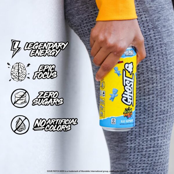 GHOST Energy Drink - 12-Pack, Sour Patch Kids Blue Raspberry, 16oz - Energy & Focus & No Artificial Colors - 200mg Natural Caffeine, L-Carnitine & Taurine - Gluten-Free & Vegan - Image 6
