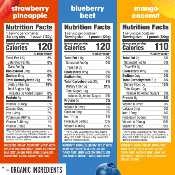 Noka Superfood Fruit Smoothie Pouches Variety Pack, Healthy Snacks with Flax Seed, Plant Protein and Prebiotic Fiber, Vegan and Gluten Free Snacks, Organic Squeeze Pouch, 4.22 oz, 12 Count - Image 3