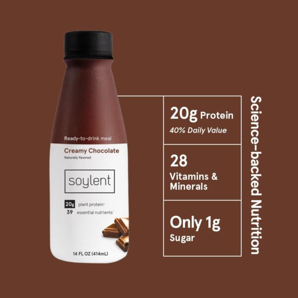 Soylent Creamy Chocolate Meal Replacement Shake, Ready-to-Drink Plant Based Protein Drink, Contains 20g Complete Vegan Protein and 1g Sugar, 14oz, 12 Pack - Image 6