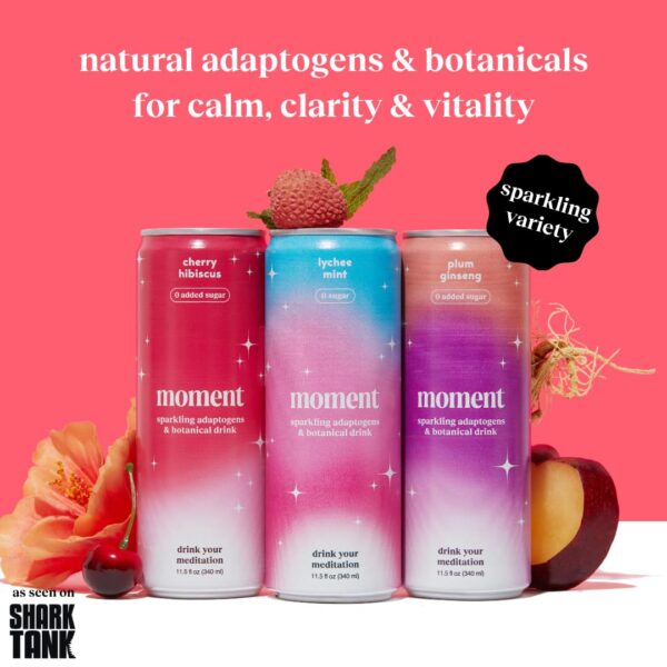 Moment Adaptogen Drink (Shark Tank) - SPARKLING Combo | Cherry Hibiscus, Lychee Mint, Plum Ginseng | L-Theanine & Ashwagandha for Calm & Clarity | 0 Added Sugar, 0 Caffeine, 0 Alcohol | 12-pack - Image 3