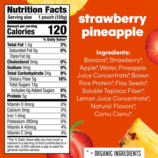 Noka Superfood Fruit Smoothie Pouches, Strawberry Pineapple, Healthy Snacks with Flax Seed, Plant Protein and Prebiotic Fiber, Vegan and Gluten Free Snacks, Organic Squeeze Pouch, 4.22 oz, 12 Count - Image 3