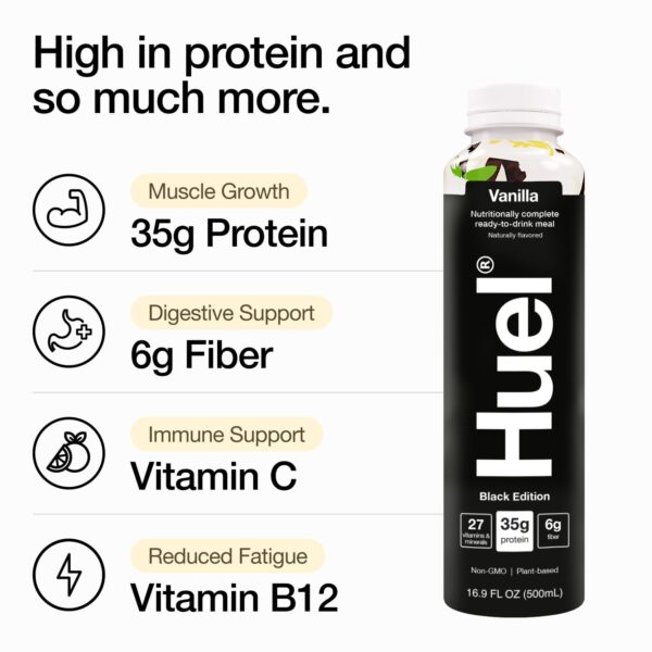 Huel Black Edition Ready-to-Drink, Vanilla Meal Replacement Drink, 35g High Protein, 27 Vitamins and Minerals, Vegan, Gluten Free, Plant Based, High Fiber, Low Sugar, 16.9 Fl Oz (12 Pack) - Image 5