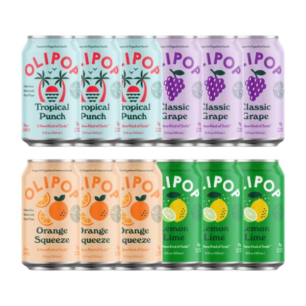 OLIPOP Prebiotic Soda Pop, Fruity Fun Variety Pack, A New Kind of Soda Packed with Prebiotics, Fiber, and Botanicals, Gluten Free, Vegan, GMO Free, 12oz (12-Cans) - Image 4