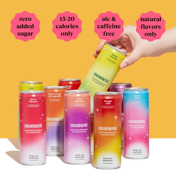 Moment Adaptogen Drink (Shark Tank) - SPARKLING Combo | Cherry Hibiscus, Lychee Mint, Plum Ginseng | L-Theanine & Ashwagandha for Calm & Clarity | 0 Added Sugar, 0 Caffeine, 0 Alcohol | 12-pack - Image 5