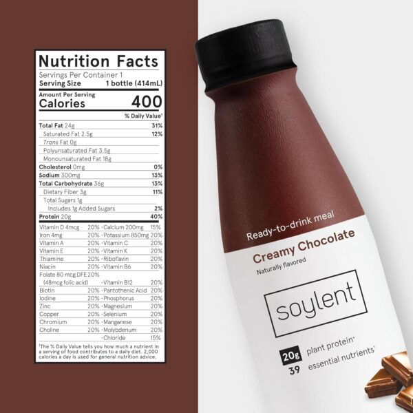Soylent Creamy Chocolate Meal Replacement Shake, Ready-to-Drink Plant Based Protein Drink, Contains 20g Complete Vegan Protein and 1g Sugar, 14oz, 12 Pack - Image 3