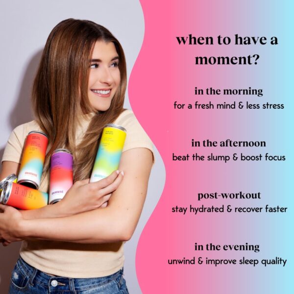 Moment Adaptogen Drink (Shark Tank) - SPARKLING Combo | Cherry Hibiscus, Lychee Mint, Plum Ginseng | L-Theanine & Ashwagandha for Calm & Clarity | 0 Added Sugar, 0 Caffeine, 0 Alcohol | 12-pack - Image 6