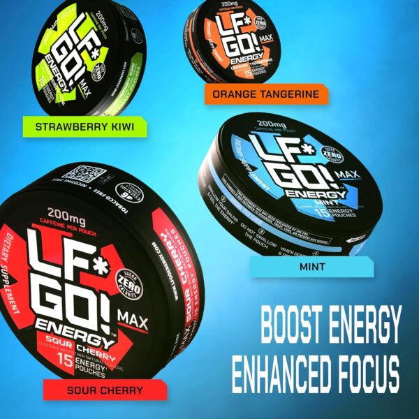 Energy Pouches | Caffeine Pouches | Flavor Multi-Pack | Sour Cherry | Mint | Orange Tangerine | Strawberry Kiwi | 200 mg Natural Caffeine | 15 Pouches Per Can | 4 Cans - Image 3