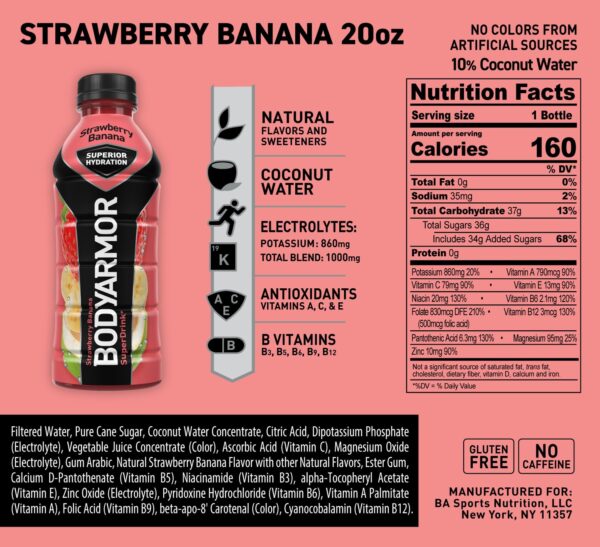 BODYARMOR Sports Drink Sports Beverage, Strawberry Banana, Coconut Water Hydration, Natural Flavors With Vitamins, Potassium-Packed Electrolytes, Perfect For Athletes, 20 Fl Oz (Pack of 6) - Image 3