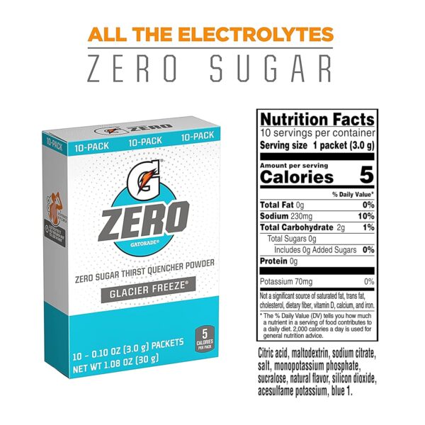 Gatorade G Zero Powder, Glacier Freeze, 0.10 oz Packets (120 Pack) - Image 3