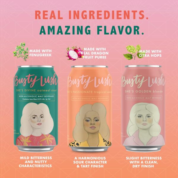 Busty Lush Non-Alcoholic Beer Variety Pack, Blonde Ale, Tropical Sour, Oatmeal Stout, Low Calorie Non Alcoholic Drink, Craft-Brewed NA Beer, 12 Pack - Image 3