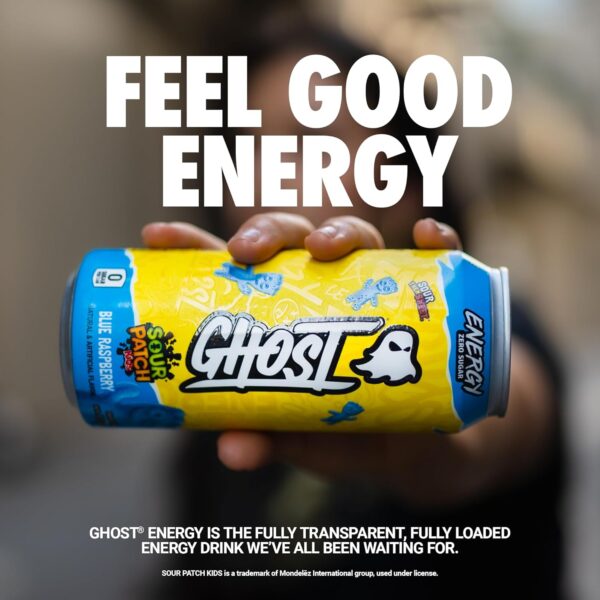 GHOST Energy Drink - 12-Pack, Sour Patch Kids Blue Raspberry, 16oz - Energy & Focus & No Artificial Colors - 200mg Natural Caffeine, L-Carnitine & Taurine - Gluten-Free & Vegan - Image 3