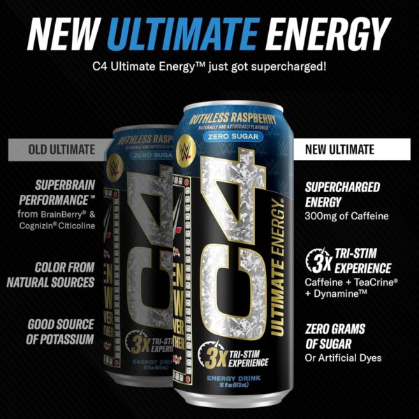 C4 Ultimate x WWE | Pre Workout Sugar Free Energy Drink | Tri-Stim Experience with 300mg Caffeine + TeaCrine + Dynamine | Ruthless Raspberry | 16oz (Pack of 12) - Image 3