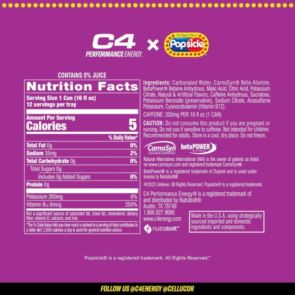 C4 Energy Drink x Grape Popsicle, Carbonated Sugar Free Pre Workout Performance Drink with no Artificial Colors or Dyes, 16 Oz, Pack of 12 - Image 3
