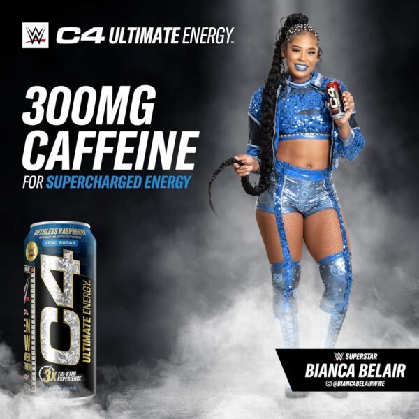 C4 Ultimate x WWE | Pre Workout Sugar Free Energy Drink | Tri-Stim Experience with 300mg Caffeine + TeaCrine + Dynamine | Ruthless Raspberry | 16oz (Pack of 12) - Image 4