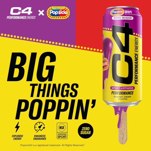 C4 Energy Drink x Grape Popsicle, Carbonated Sugar Free Pre Workout Performance Drink with no Artificial Colors or Dyes, 16 Oz, Pack of 12 - Image 4